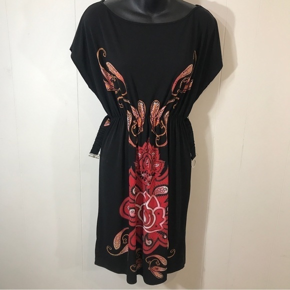 Suzy Shier Black and Floral Print Dress with Belt Small - Picture 3 of 5